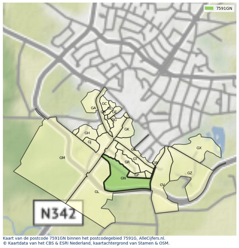 Afbeelding van het postcodegebied 7591 GN op de kaart.