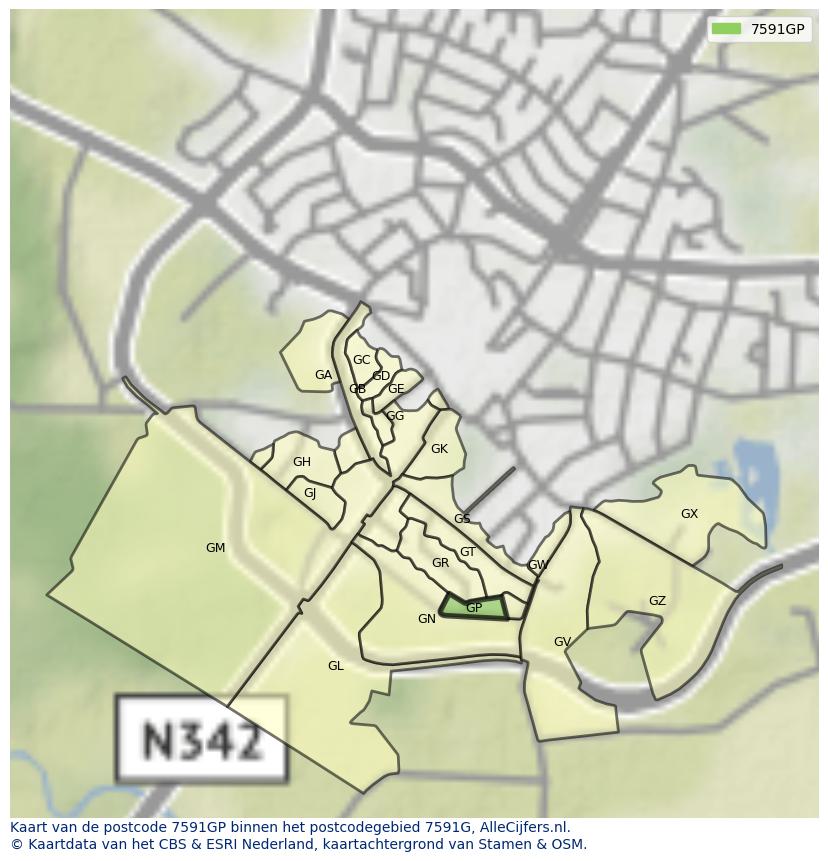 Afbeelding van het postcodegebied 7591 GP op de kaart.