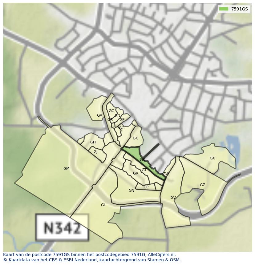 Afbeelding van het postcodegebied 7591 GS op de kaart.