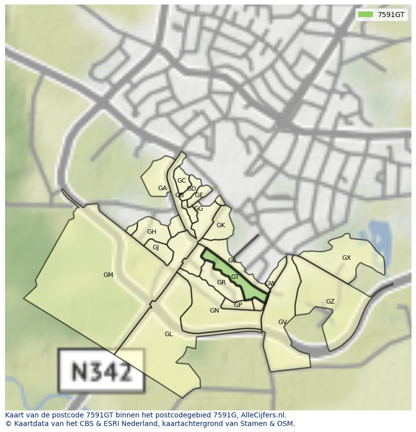 Afbeelding van het postcodegebied 7591 GT op de kaart.