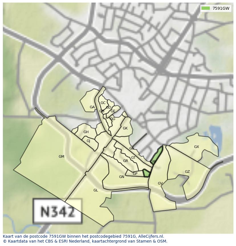 Afbeelding van het postcodegebied 7591 GW op de kaart.