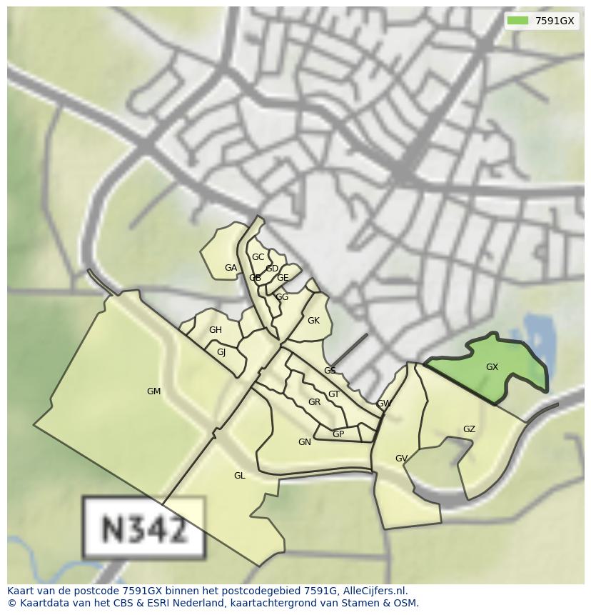 Afbeelding van het postcodegebied 7591 GX op de kaart.