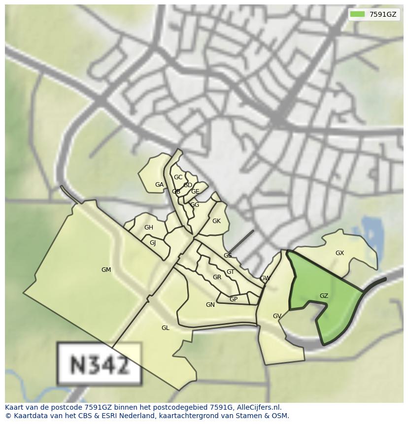 Afbeelding van het postcodegebied 7591 GZ op de kaart.
