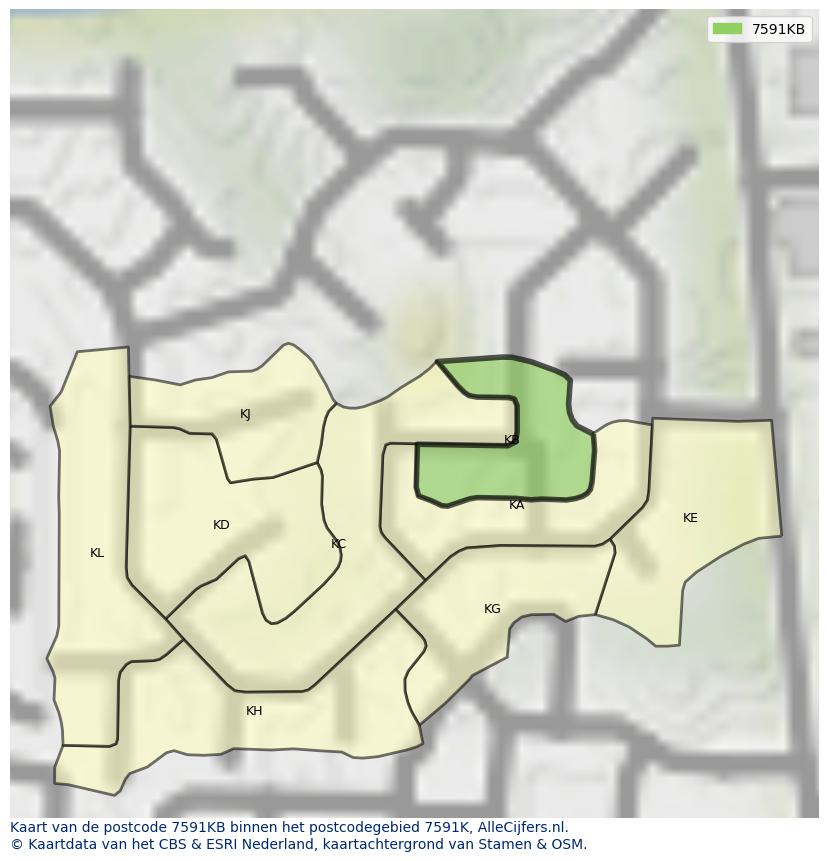 Afbeelding van het postcodegebied 7591 KB op de kaart.