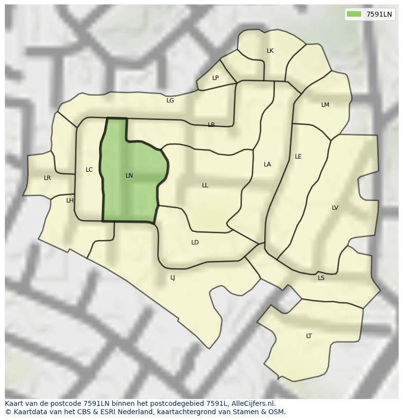 Afbeelding van het postcodegebied 7591 LN op de kaart.
