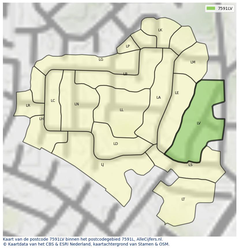 Afbeelding van het postcodegebied 7591 LV op de kaart.