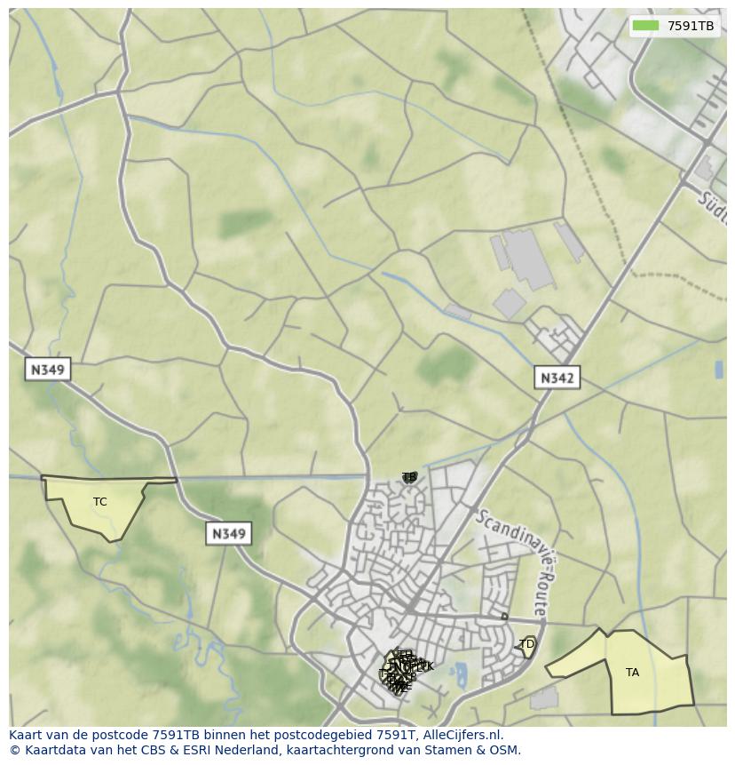 Afbeelding van het postcodegebied 7591 TB op de kaart.