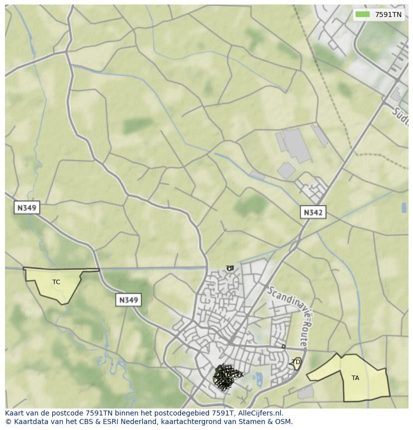 Afbeelding van het postcodegebied 7591 TN op de kaart.