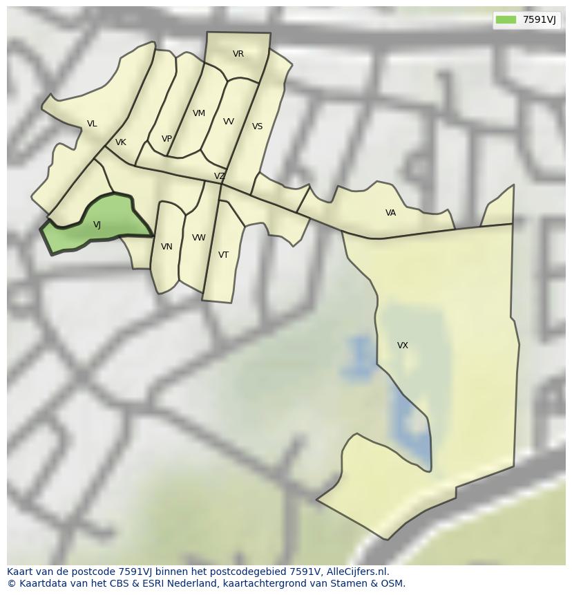 Afbeelding van het postcodegebied 7591 VJ op de kaart.