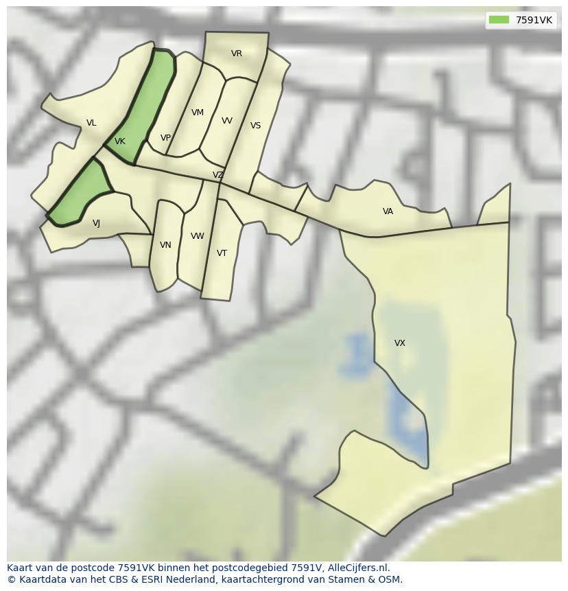 Afbeelding van het postcodegebied 7591 VK op de kaart.