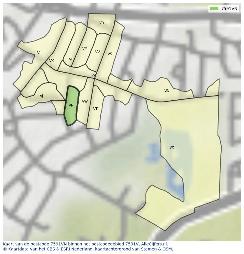Afbeelding van het postcodegebied 7591 VN op de kaart.