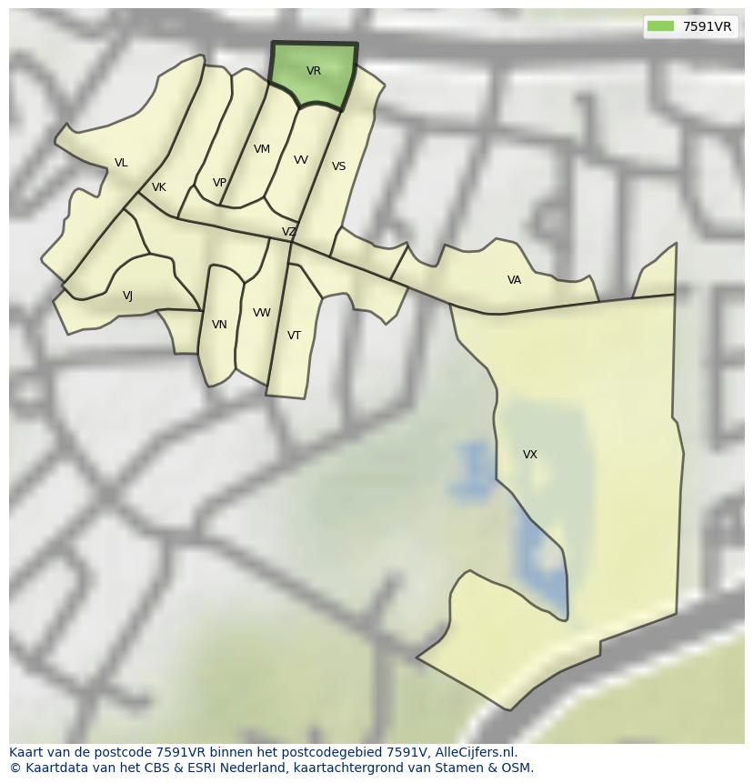 Afbeelding van het postcodegebied 7591 VR op de kaart.