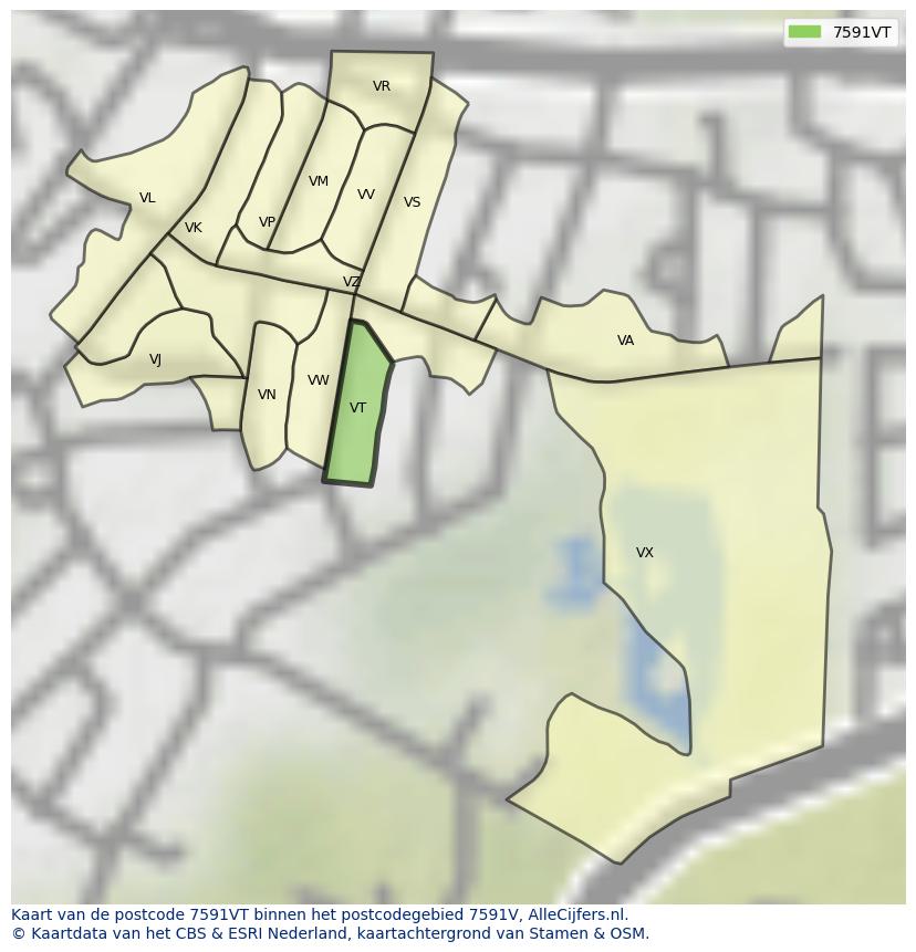Afbeelding van het postcodegebied 7591 VT op de kaart.