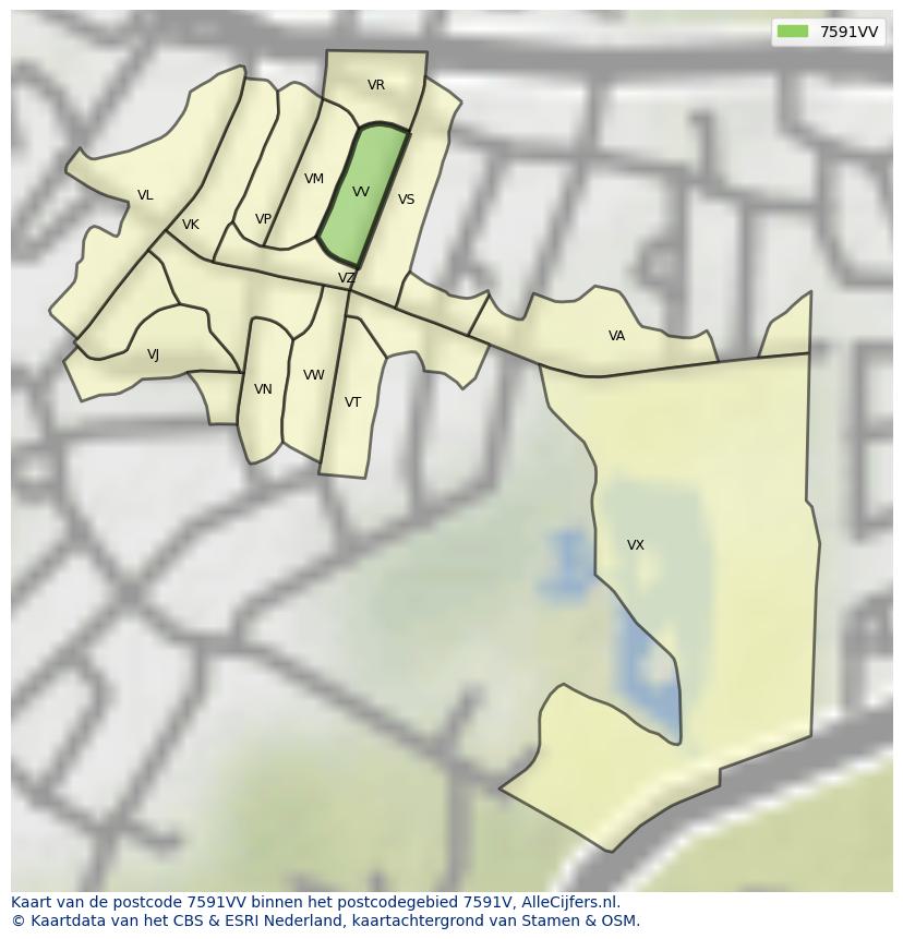 Afbeelding van het postcodegebied 7591 VV op de kaart.