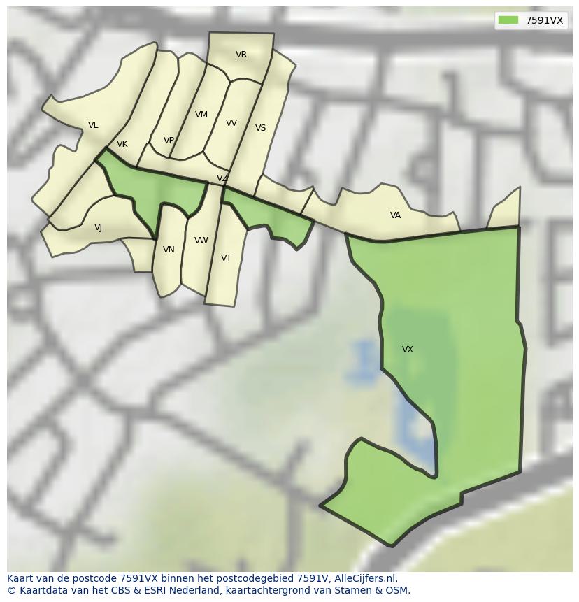 Afbeelding van het postcodegebied 7591 VX op de kaart.