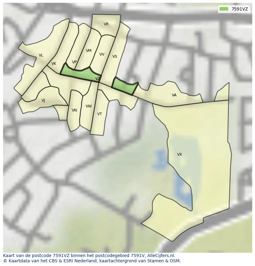 Afbeelding van het postcodegebied 7591 VZ op de kaart.