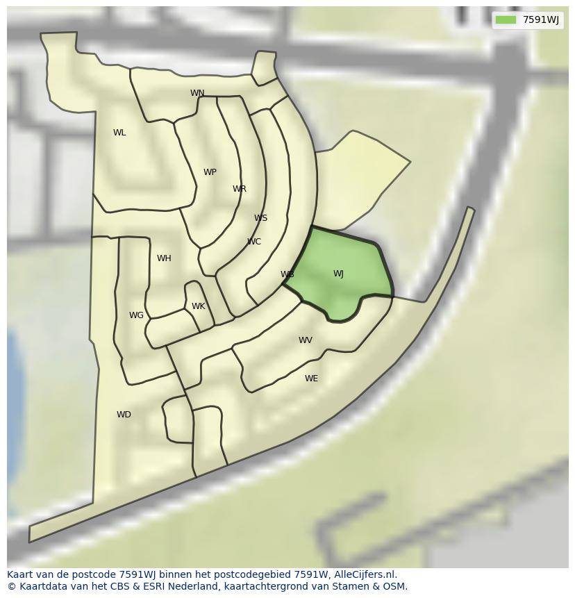Afbeelding van het postcodegebied 7591 WJ op de kaart.