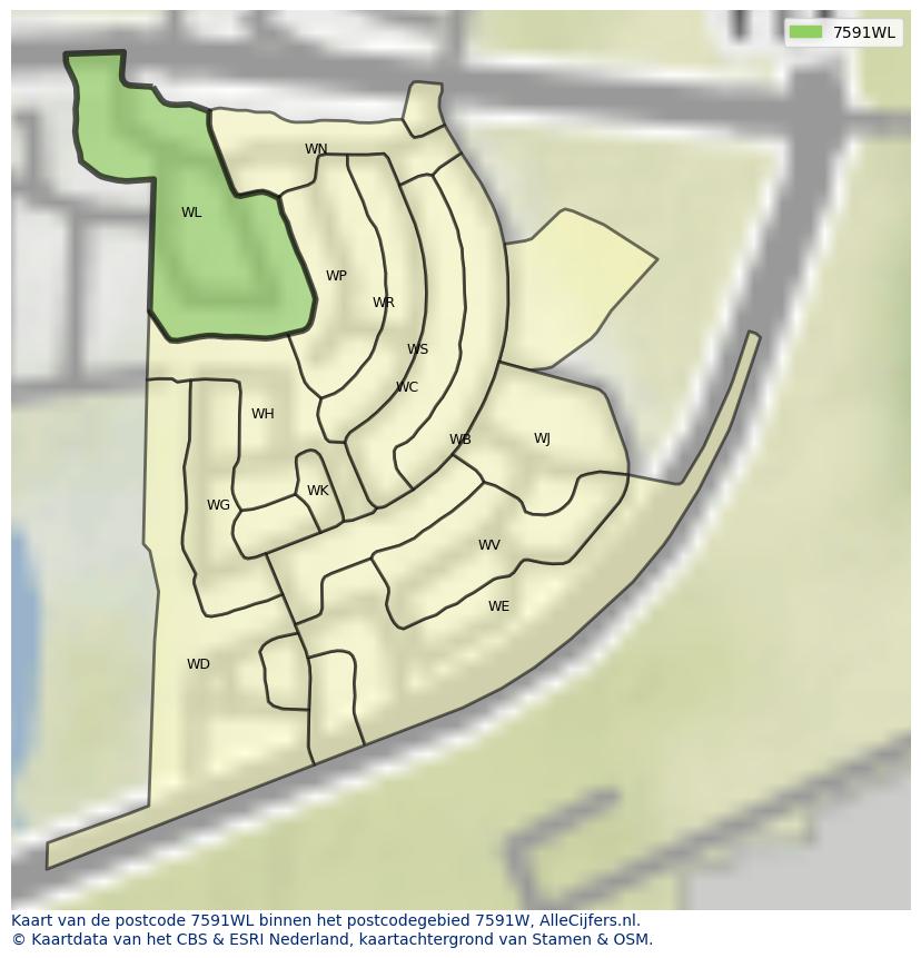 Afbeelding van het postcodegebied 7591 WL op de kaart.