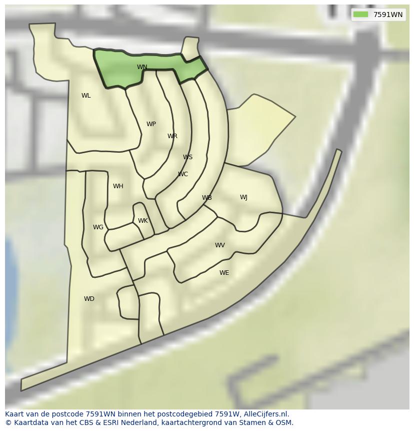 Afbeelding van het postcodegebied 7591 WN op de kaart.