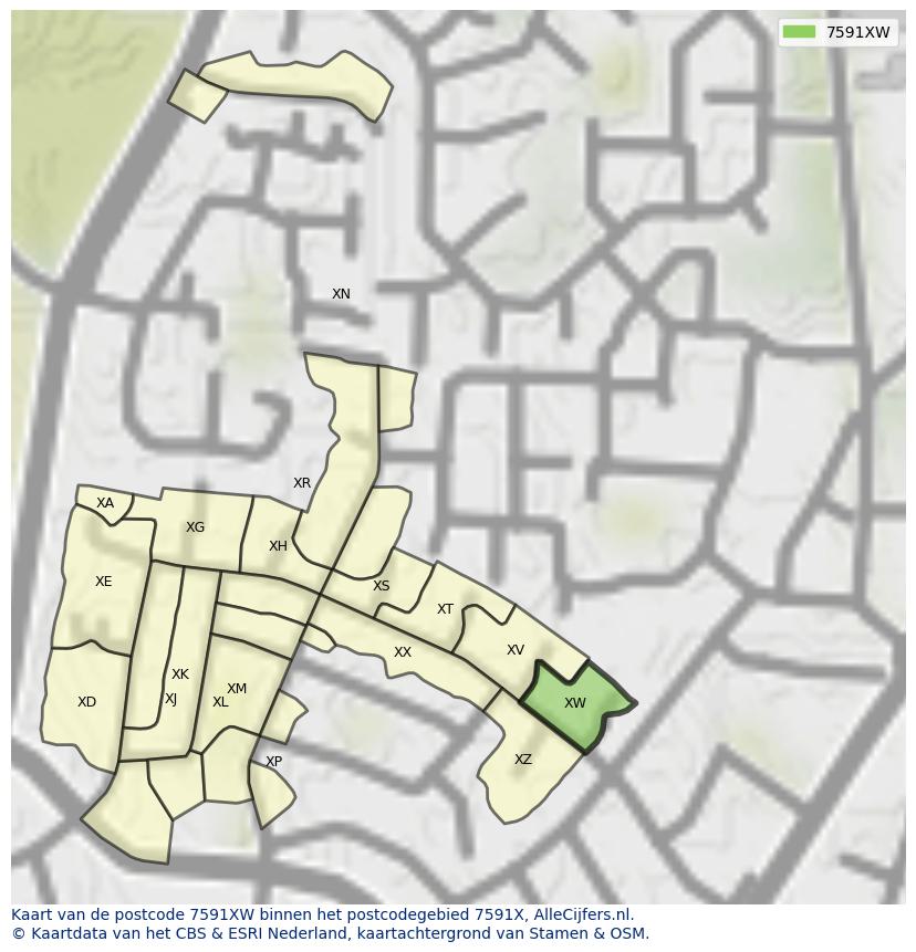 Afbeelding van het postcodegebied 7591 XW op de kaart.