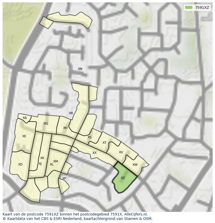 Afbeelding van het postcodegebied 7591 XZ op de kaart.