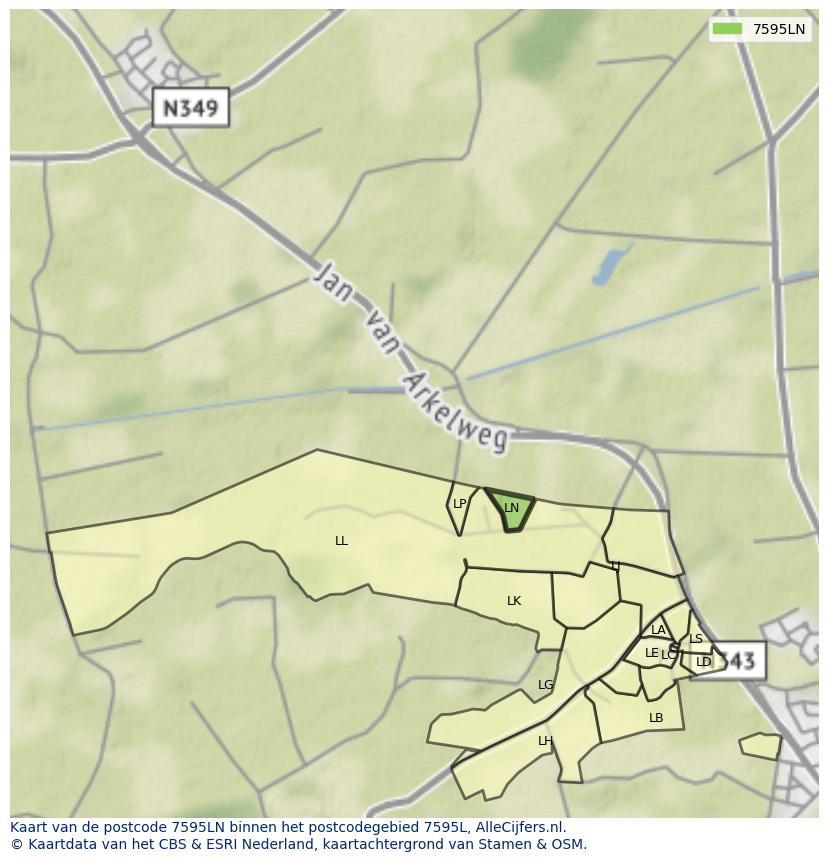 Afbeelding van het postcodegebied 7595 LN op de kaart.