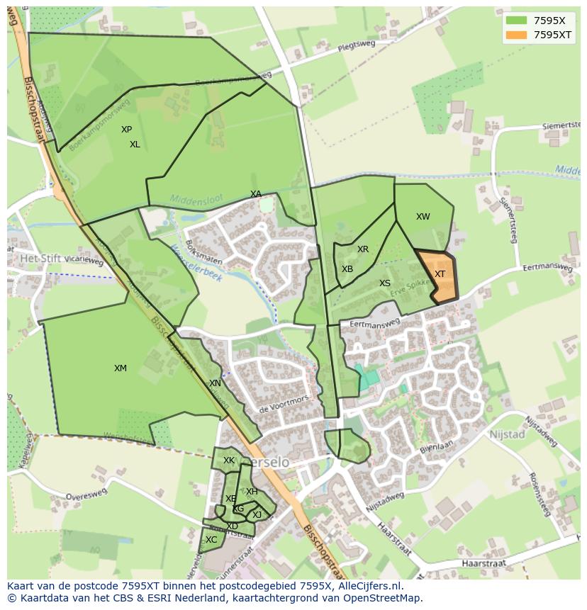 Afbeelding van het postcodegebied 7595 XT op de kaart.