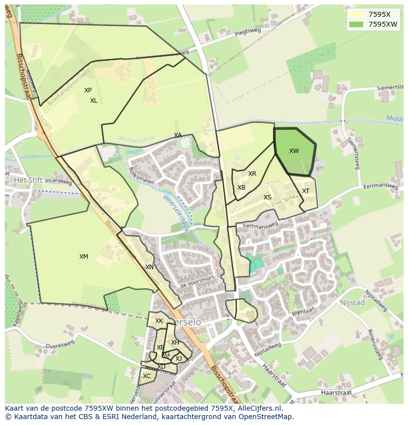 Afbeelding van het postcodegebied 7595 XW op de kaart.
