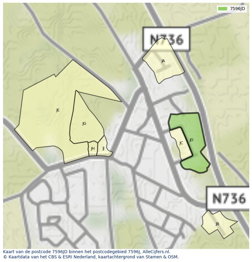 Afbeelding van het postcodegebied 7596 JD op de kaart.