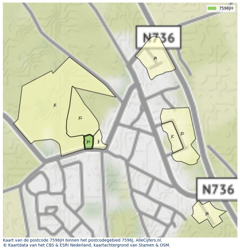 Afbeelding van het postcodegebied 7596 JH op de kaart.
