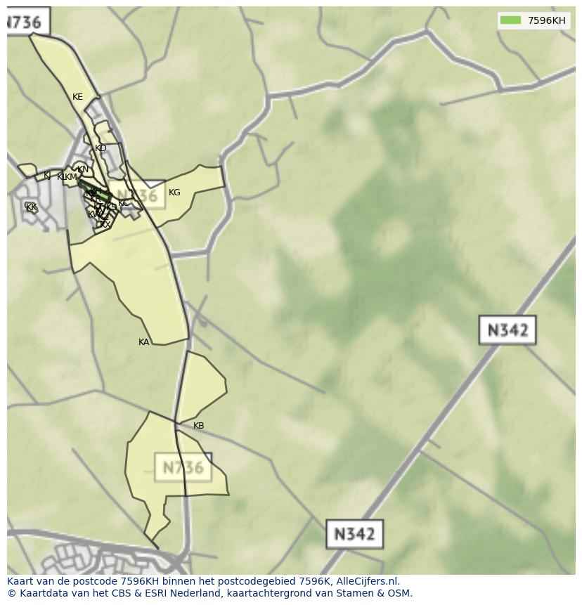 Afbeelding van het postcodegebied 7596 KH op de kaart.
