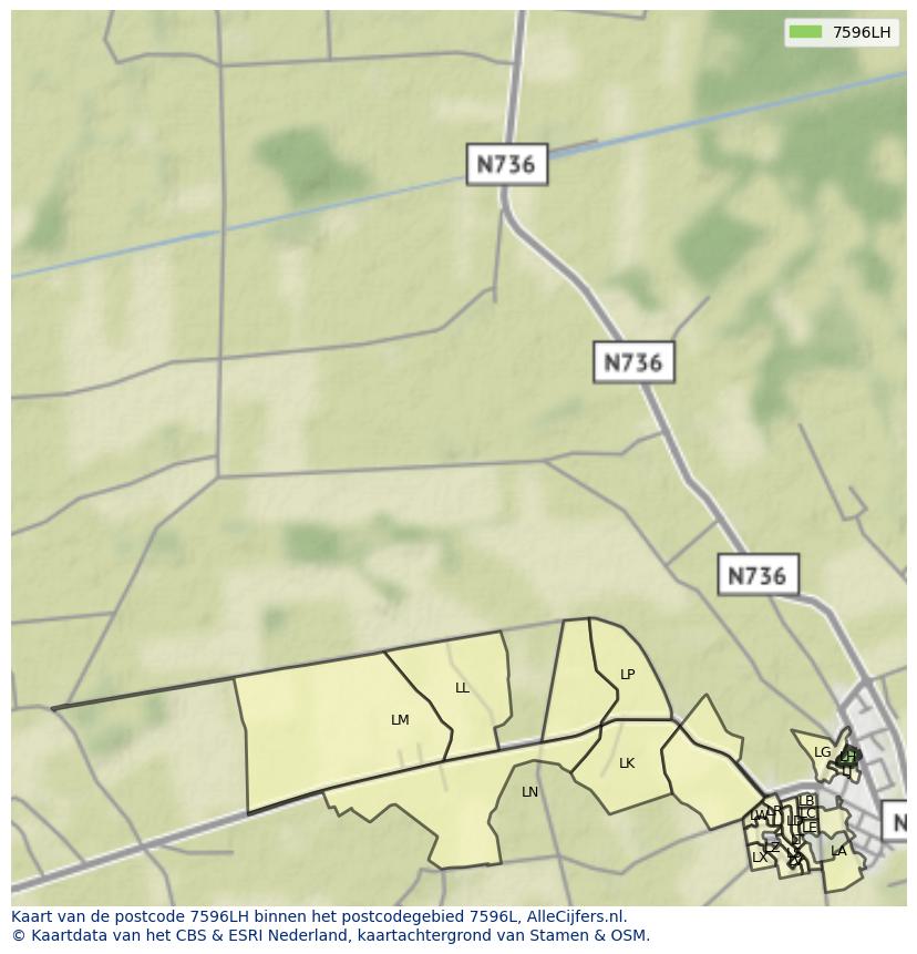 Afbeelding van het postcodegebied 7596 LH op de kaart.