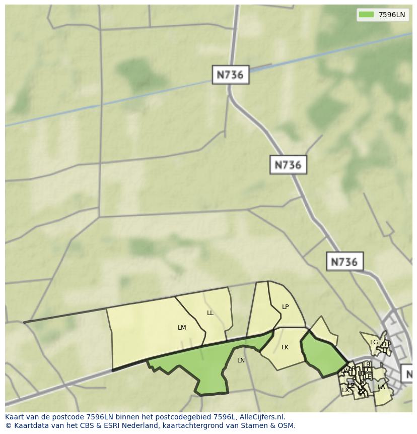 Afbeelding van het postcodegebied 7596 LN op de kaart.