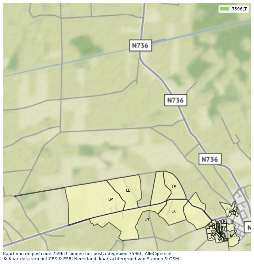 Afbeelding van het postcodegebied 7596 LT op de kaart.