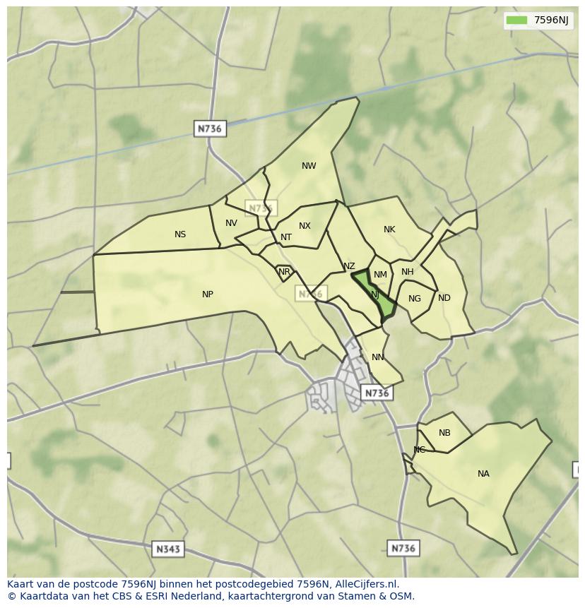 Afbeelding van het postcodegebied 7596 NJ op de kaart.
