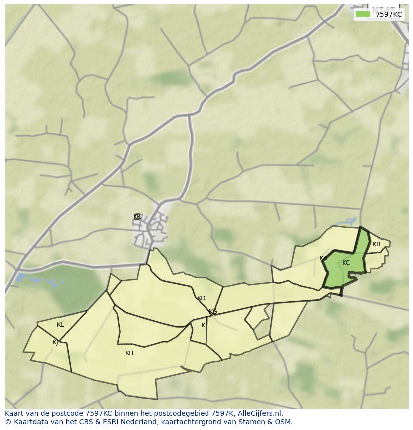 Afbeelding van het postcodegebied 7597 KC op de kaart.