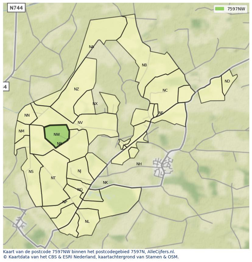 Afbeelding van het postcodegebied 7597 NW op de kaart.
