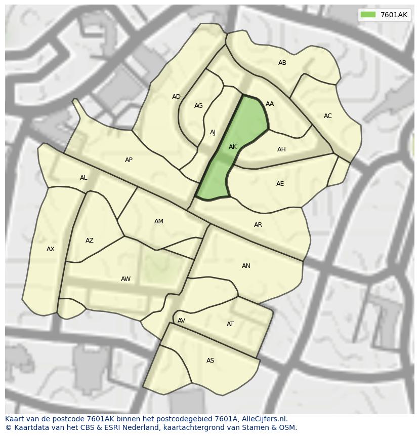 Afbeelding van het postcodegebied 7601 AK op de kaart.