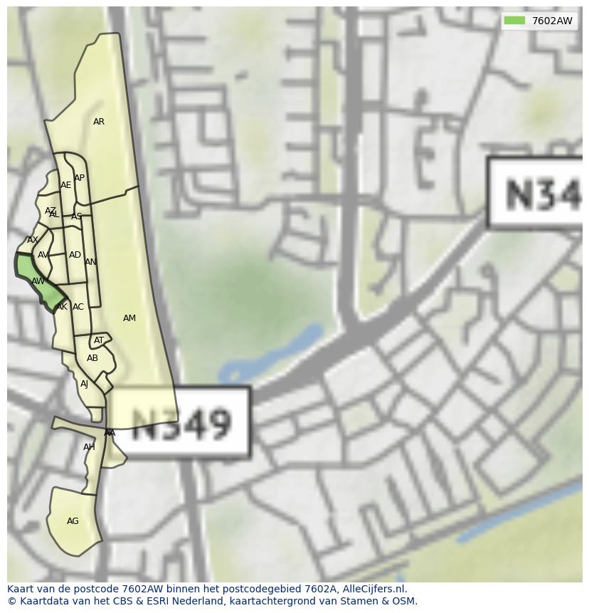 Afbeelding van het postcodegebied 7602 AW op de kaart.