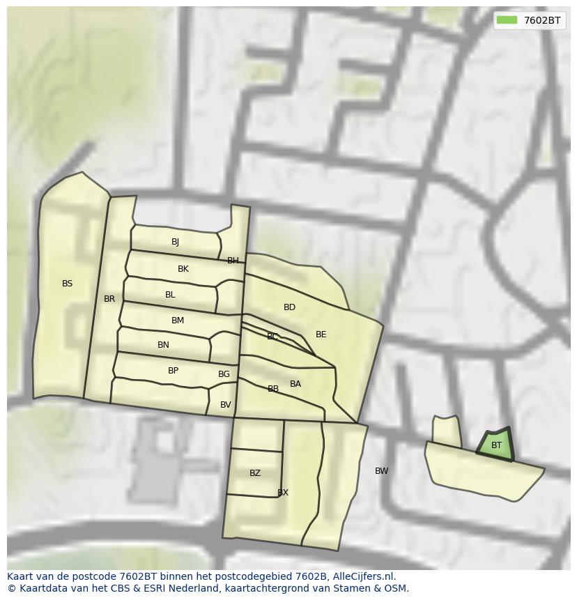 Afbeelding van het postcodegebied 7602 BT op de kaart.