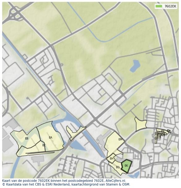 Afbeelding van het postcodegebied 7602 EK op de kaart.