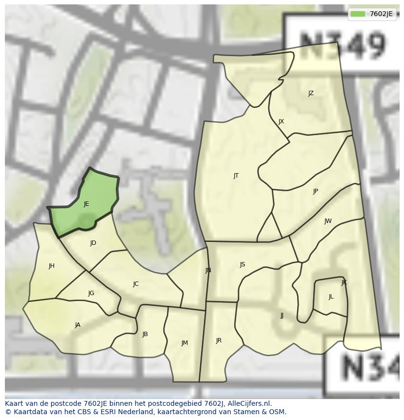 Afbeelding van het postcodegebied 7602 JE op de kaart.