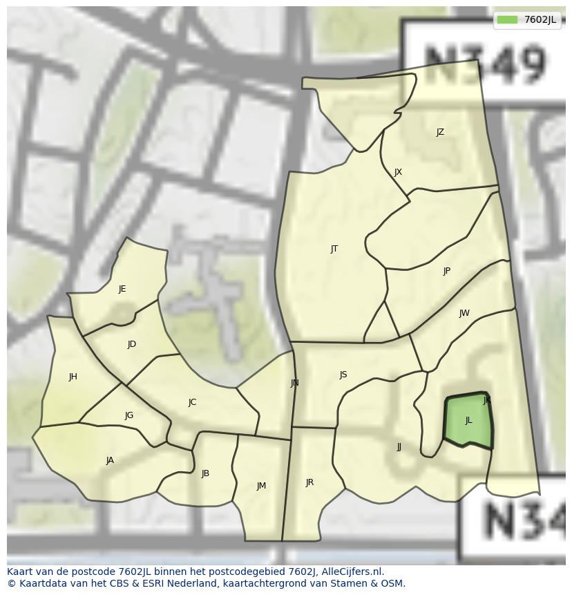 Afbeelding van het postcodegebied 7602 JL op de kaart.