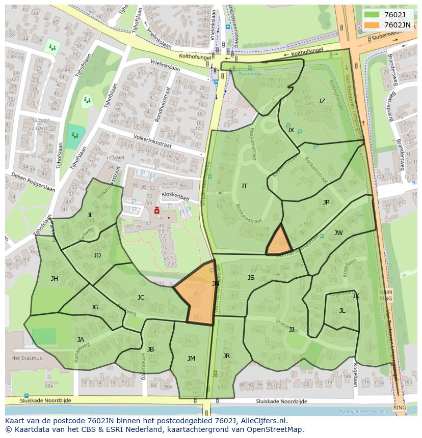 Afbeelding van het postcodegebied 7602 JN op de kaart.