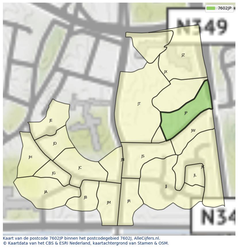 Afbeelding van het postcodegebied 7602 JP op de kaart.