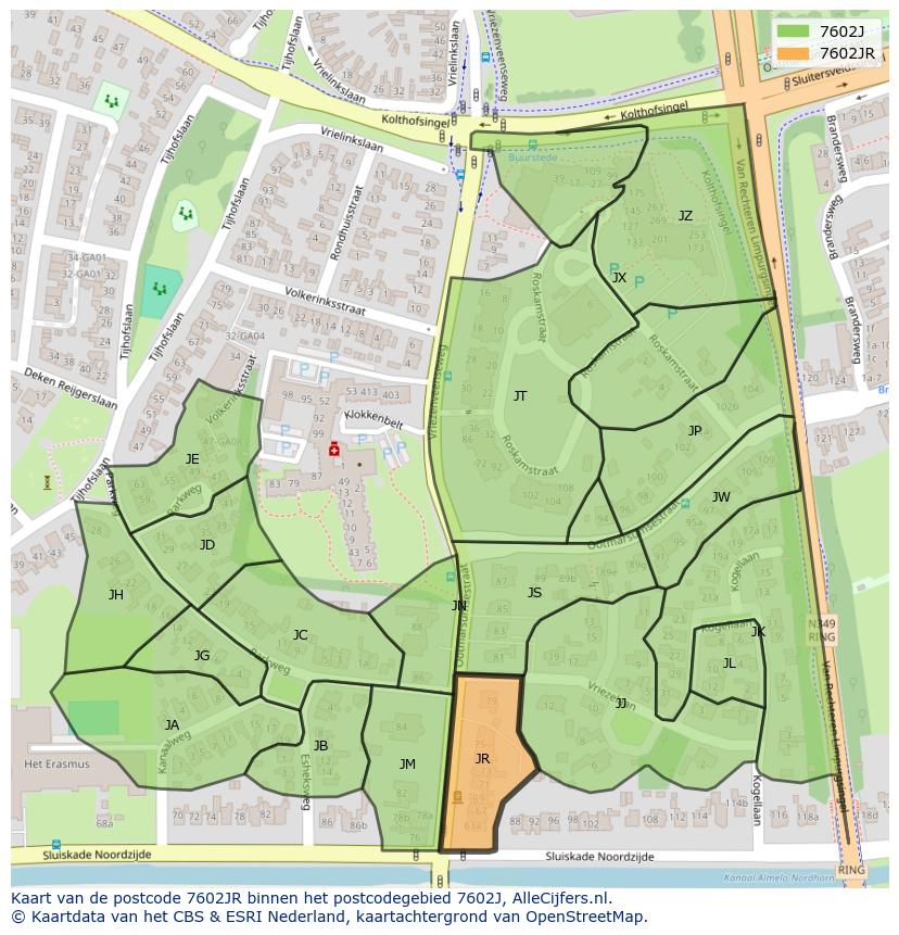 Afbeelding van het postcodegebied 7602 JR op de kaart.