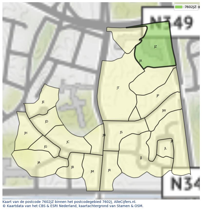 Afbeelding van het postcodegebied 7602 JZ op de kaart.