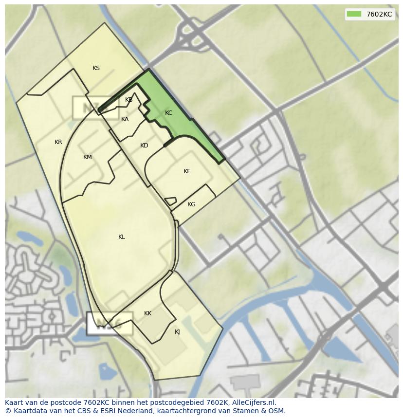 Afbeelding van het postcodegebied 7602 KC op de kaart.