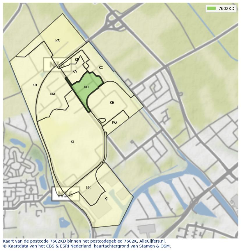 Afbeelding van het postcodegebied 7602 KD op de kaart.