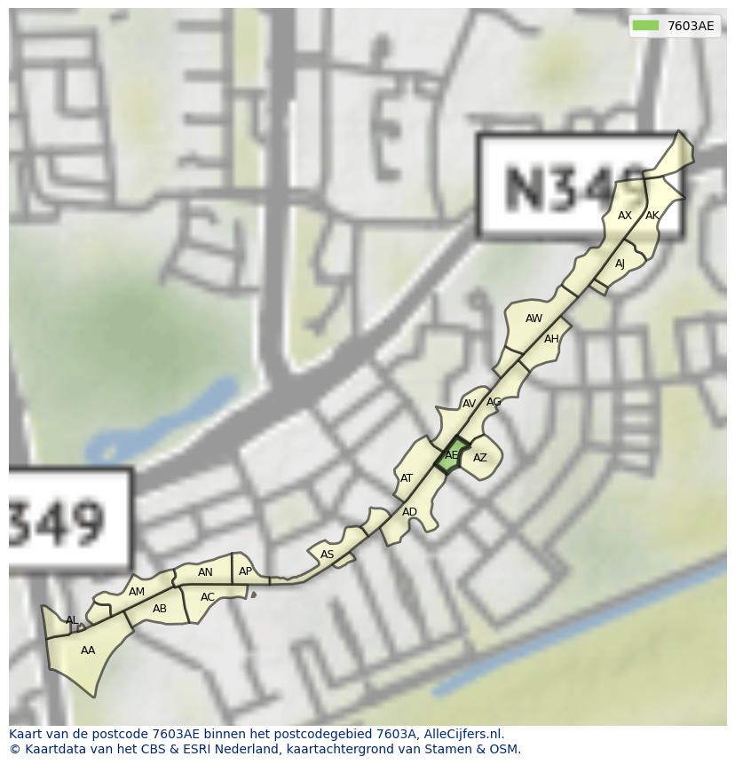 Afbeelding van het postcodegebied 7603 AE op de kaart.